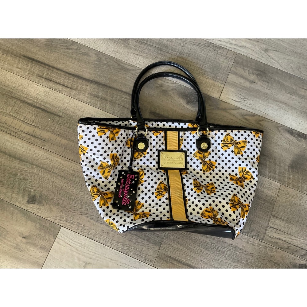 Betseyville by Betsey Johnson Polka Dot Yellow Bow Tote Bag Black White Gold